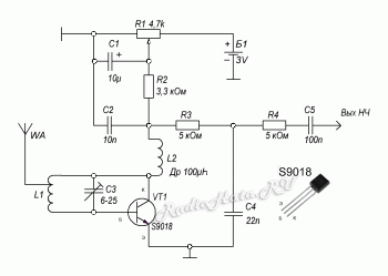 FM-приёмник на одном транзисторе S9018. Схема