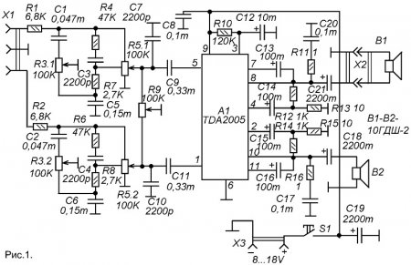 Активная акустическая система на ИМС TDA2005-схема