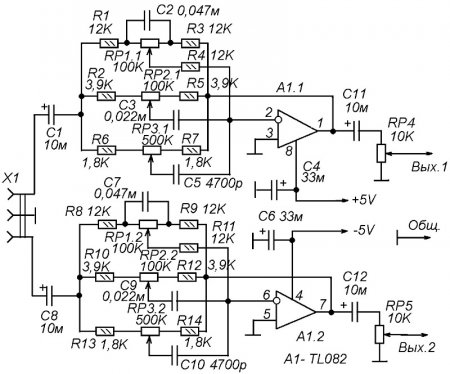 Трехполосный активный регулятор тембра. Схема