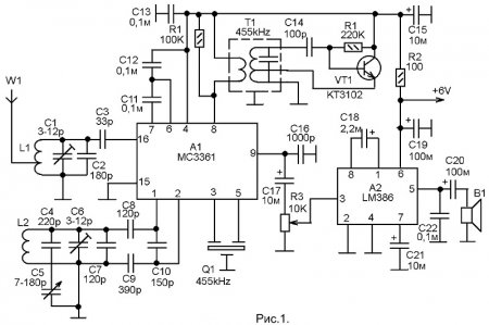 КВ - приемник на микросхеме MC3361. Схема